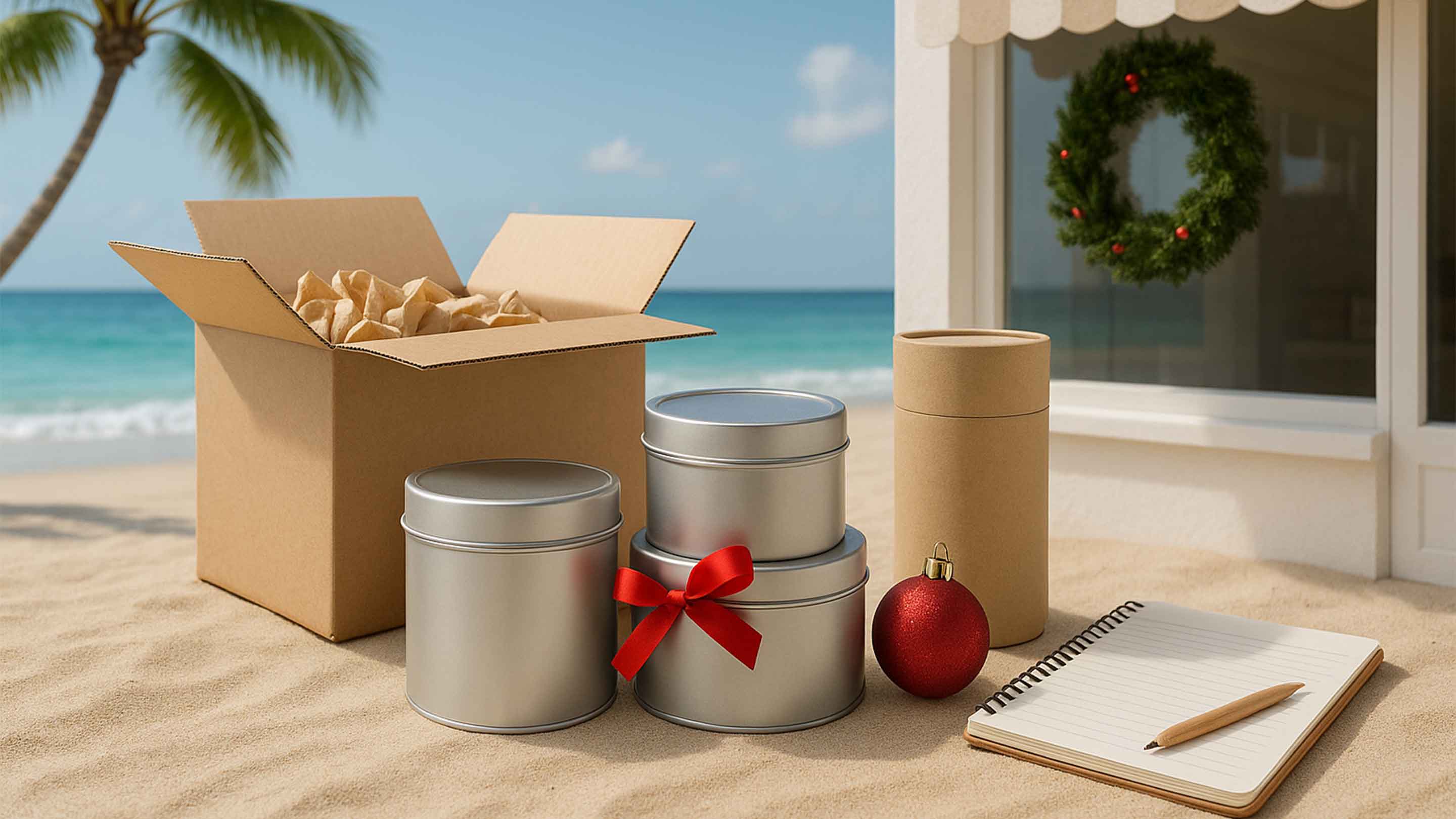 Embalaje en una playa con decoración navideña