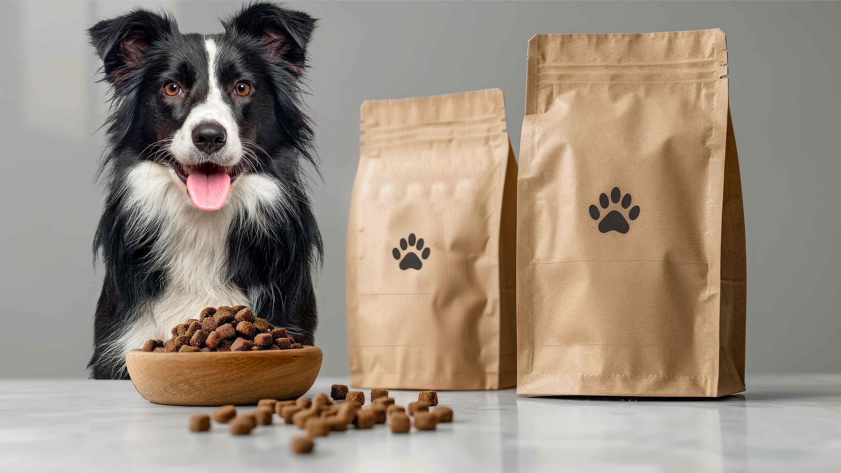 perro con comida para mascotas y envases de comida para mascotas