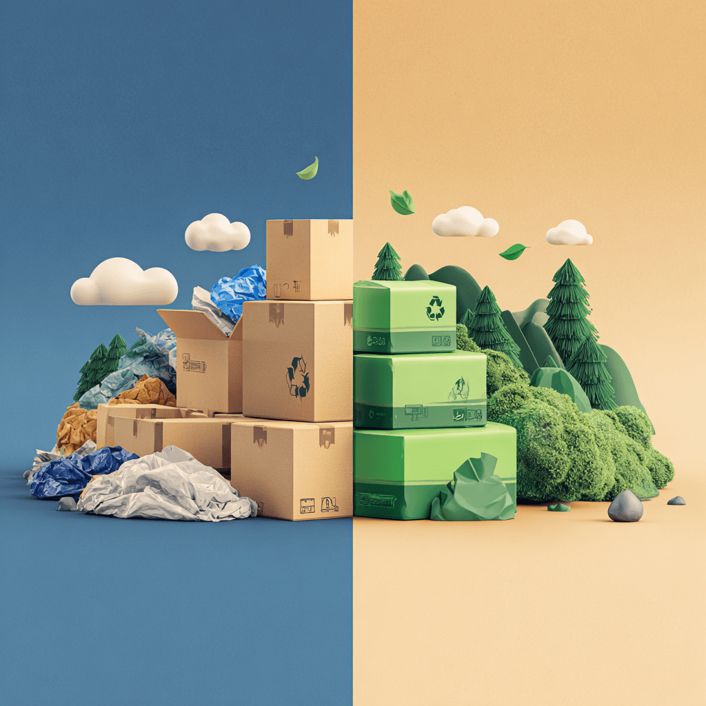 Ilustración que compara los desechos del sobreempaquetado con un embalaje ecológico sostenible, mostrando pilas de cartón y plástico en exceso a la izquierda frente a cajas verdes reciclables y árboles ordenados a la derecha.