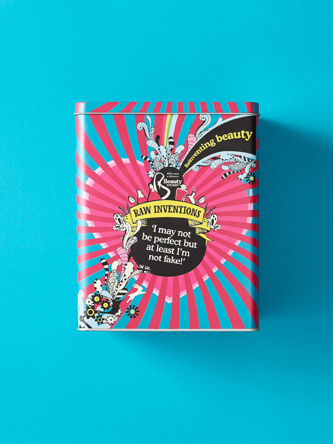 Una lata rectangular azul y rosa a medida para Beauty Kitchen.