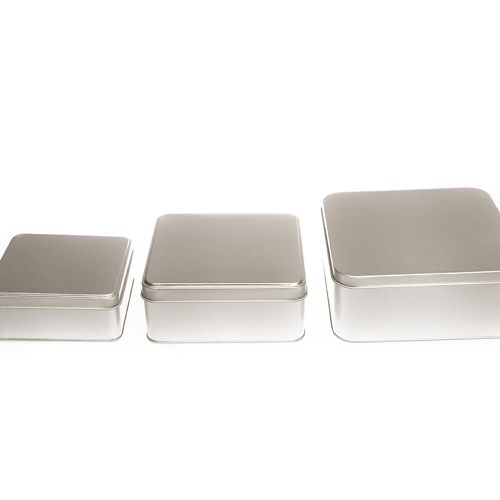 Flat square tins suitable as biscuit or cake packaging