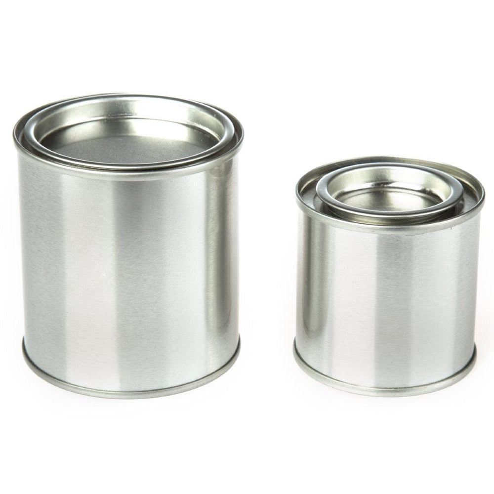 Colección de latas estilo bote de pintura redonda y plateada