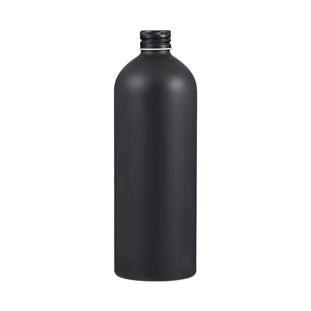 Botellas con tapón de rosca de aluminio plateado o negro con dispensador opcional de líquido o aerosol