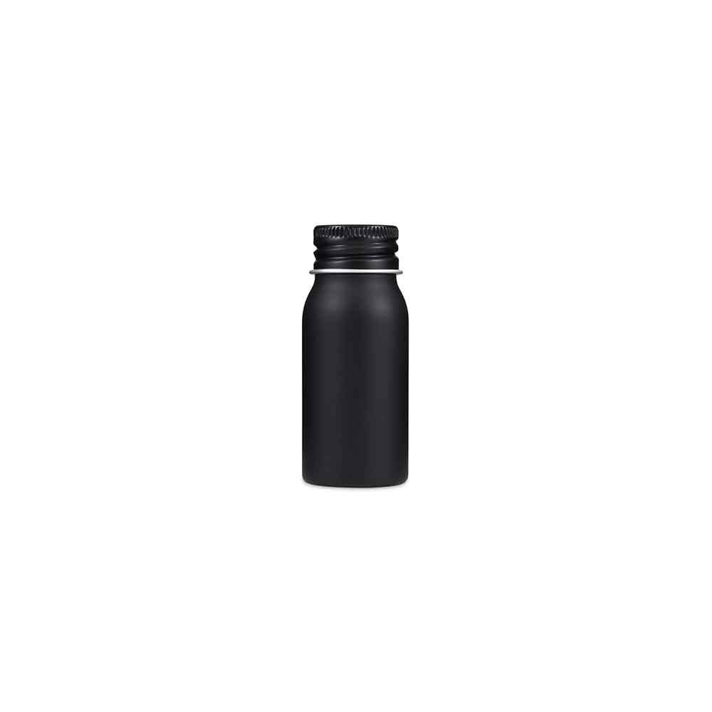 Botellas con tapón de rosca de aluminio plateado o negro con dispensador opcional de líquido o aerosol