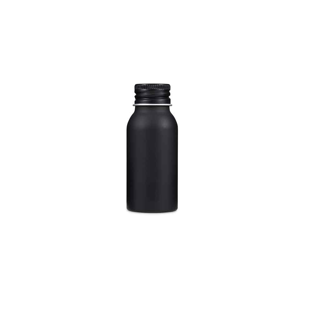 Botellas con tapón de rosca de aluminio plateado o negro con dispensador opcional de líquido o aerosol