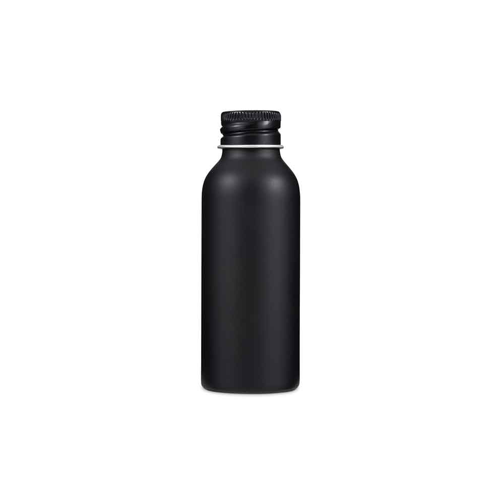 Botellas con tapón de rosca de aluminio plateado o negro con dispensador opcional de líquido o aerosol