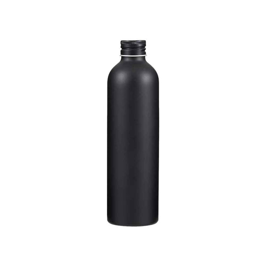 Botellas con tapón de rosca de aluminio plateado o negro con dispensador opcional de líquido o aerosol