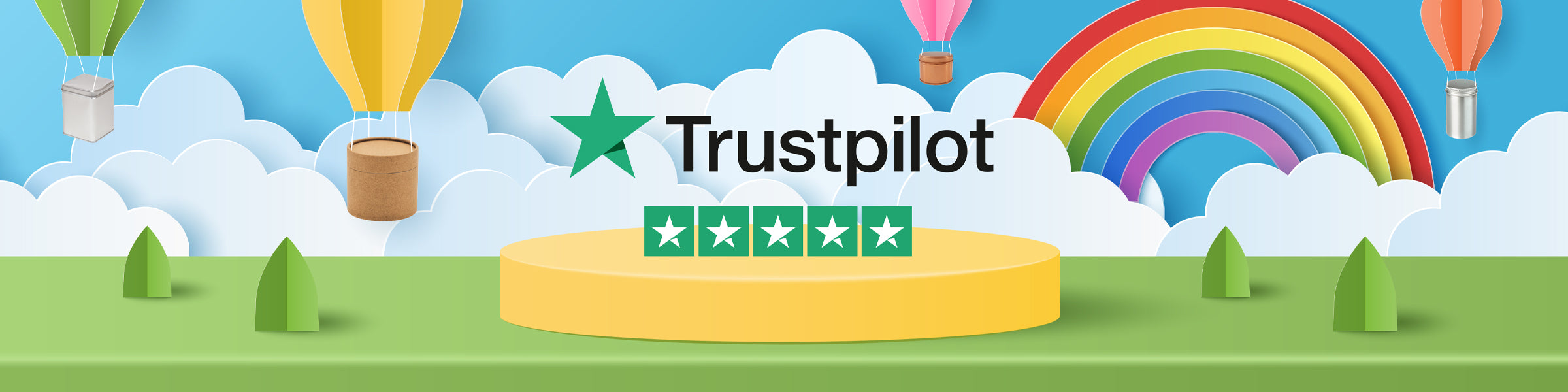 Trustpilot calificación de cinco estrellas rodeado de latas y tubos de cartón que se entregan en globo aerostático.