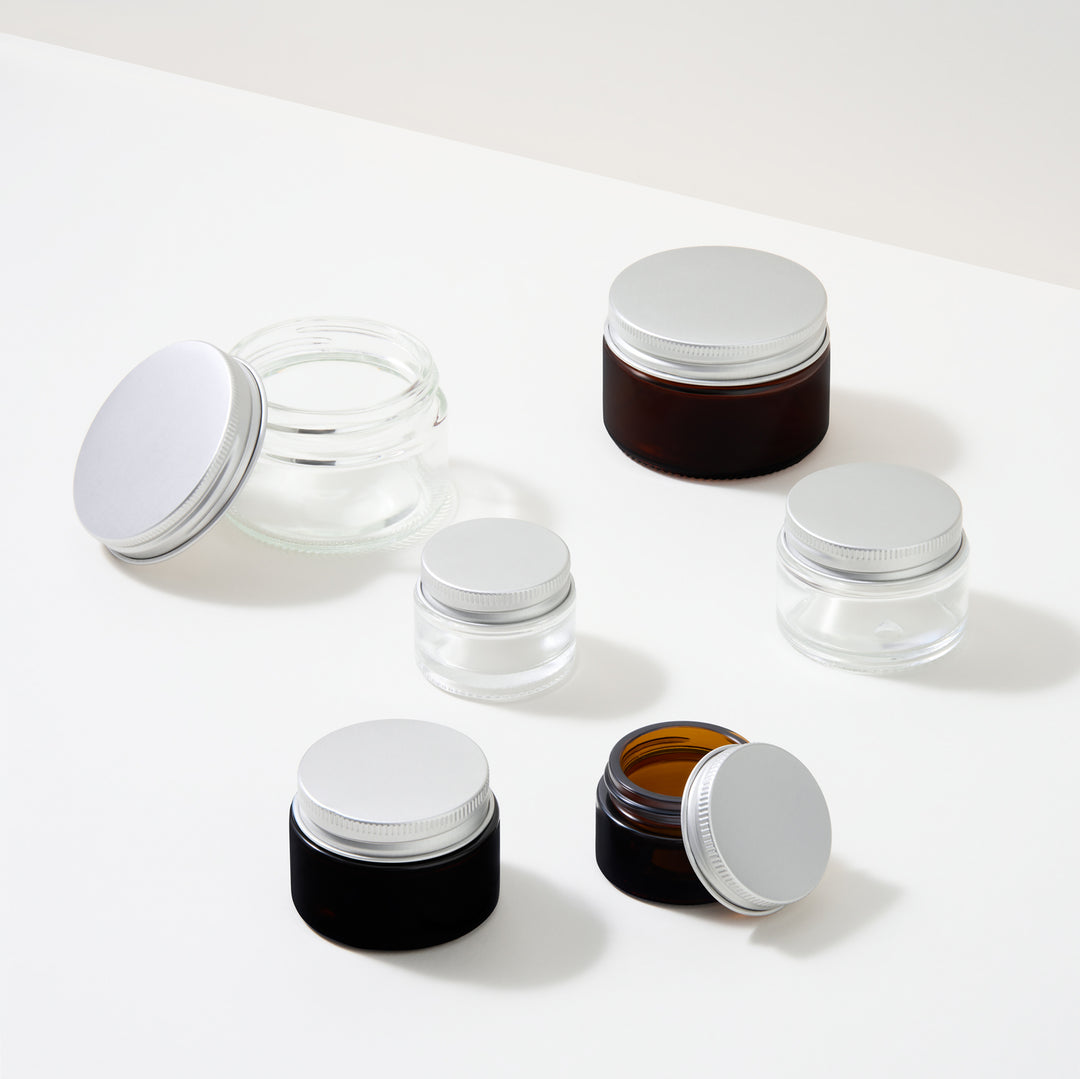 Colección de tarros de vidrio con tapa de rosca para cosméticos

