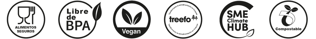 Iconos que muestran las certificaciones: apto para alimentos, sin BPA, vegano, programa de reforestación Treefo, SME Climate Hub y material compostable.