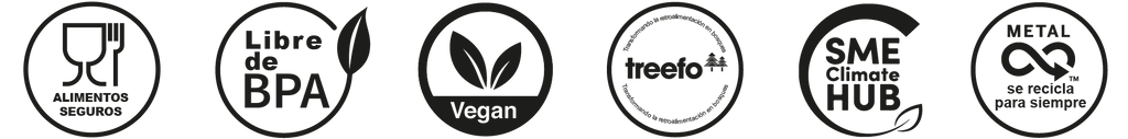 Iconos que muestran las certificaciones: apto para alimentos, sin BPA, vegano, programa de reforestación Treefo, SME Climate Hub y metal infinitamente reciclable.
