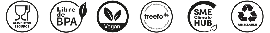 Iconos que muestran las certificaciones: apto para alimentos, sin BPA, vegano, programa de reforestación Treefo, SME Climate Hub y material reciclable.