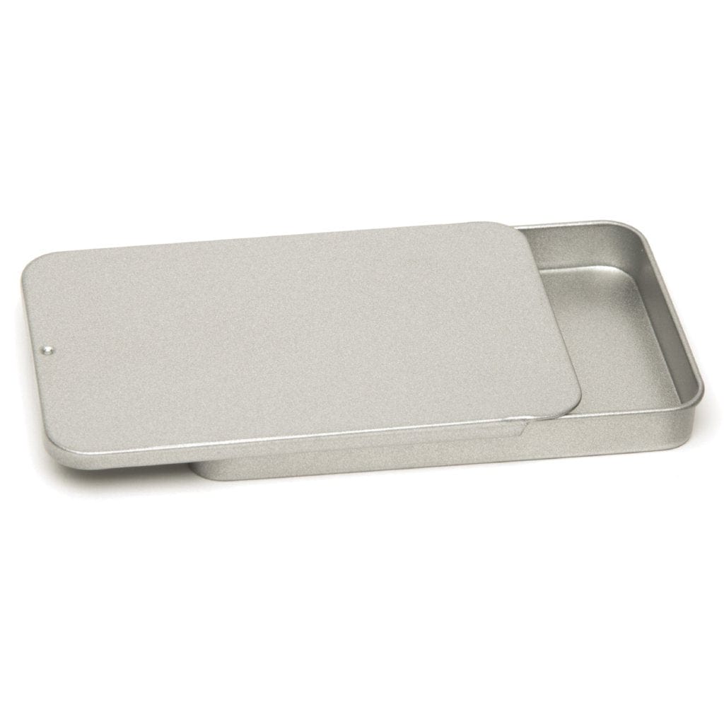 Caja de lata rectangular abierta mostrando su interior metálico