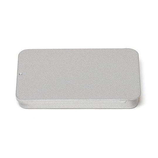 Caja de lata rectangular plateada de diseño limpio y acabado liso